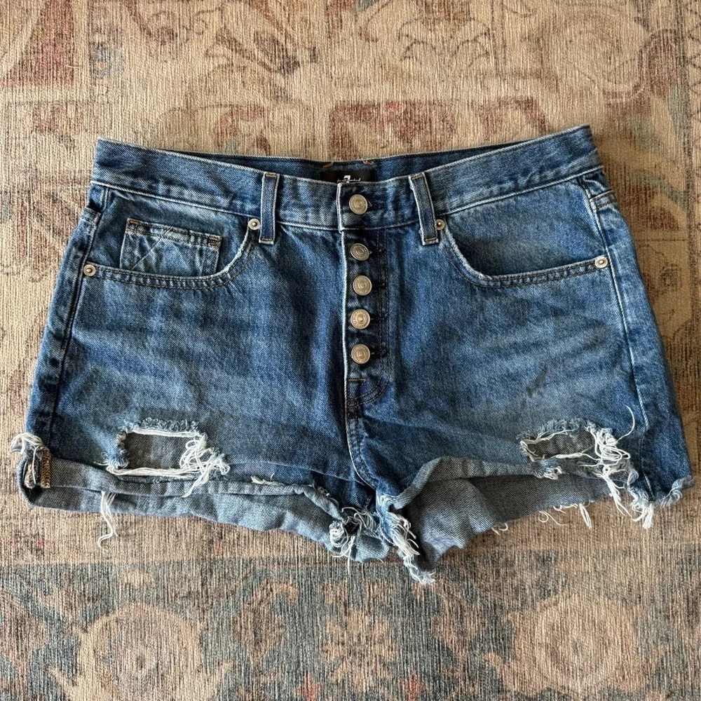 7 For All Mankind Blue Jean Shorts Distressed Style - Picture 1 of 4